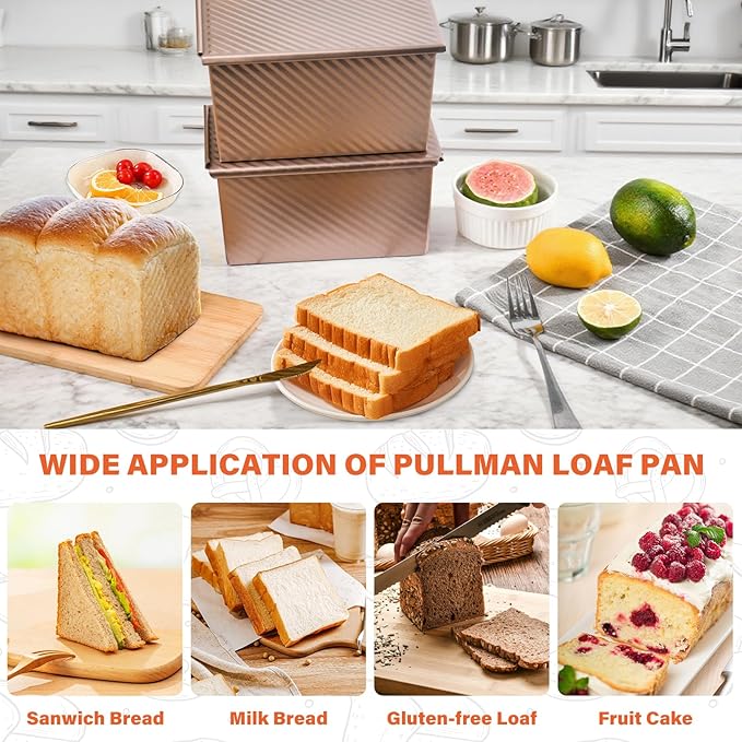 Pullman Loaf Pan with Lid, 2 Pack 1 lb Dough Capacity for Homemade Bread, Non-stick Corrugated Carbon Steel Bread Toast Box with Cover for Bakeware, Sandwich & Toast Oven Baking, Gold