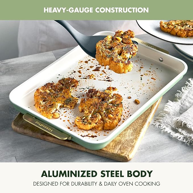 GreenPan Bakeware 13" x 9" Quarter Sheet Pan, Ceramic Nonstick Baking Pan, PFAS & BPA Free, Gold Handles, Durable Steel, Versatile & Space Saving Ovenware, Freezer to Oven Dish, Sage Green