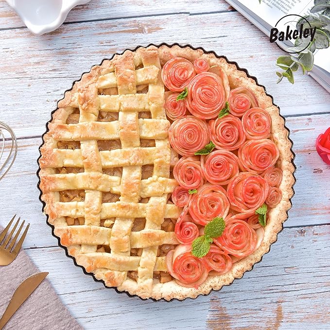 9-Inch Round Tart Pan with Loose Removable Bottom, Non-Stick Carbon Steel Quiche Pan for Oven Baking (Black)