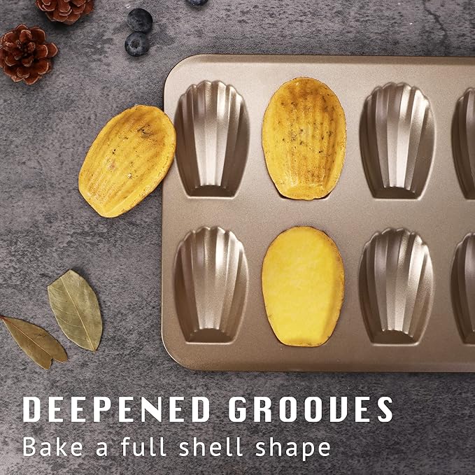 HONGBAKE Nonstick Madeleine Pan 2 Pack 12-Cavity Heavy Duty Madeleine Cookies Trays for Oven Baking, Warp Resistant Shell Shape Madeleine Mold Cake Pan, Champagne Gold