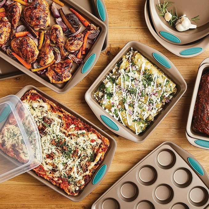 Rachael Ray 47578 Cucina Nonstick Bakeware Set with Grips Includes Nonstick Bread Pan, Baking Sheet, Cookie Sheet, Baking Pans, Cake Pan and Muffin Pan - 10 Piece, Latte Brown with Agave Blue Grips